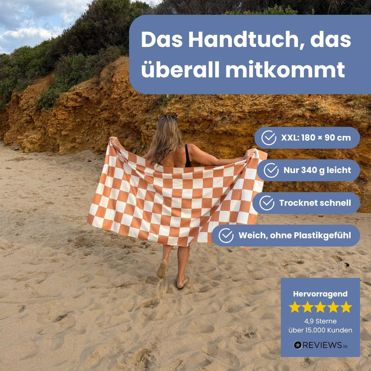 Reisehandtuch 180x90cm groß, schnelltrocknend & recycelt